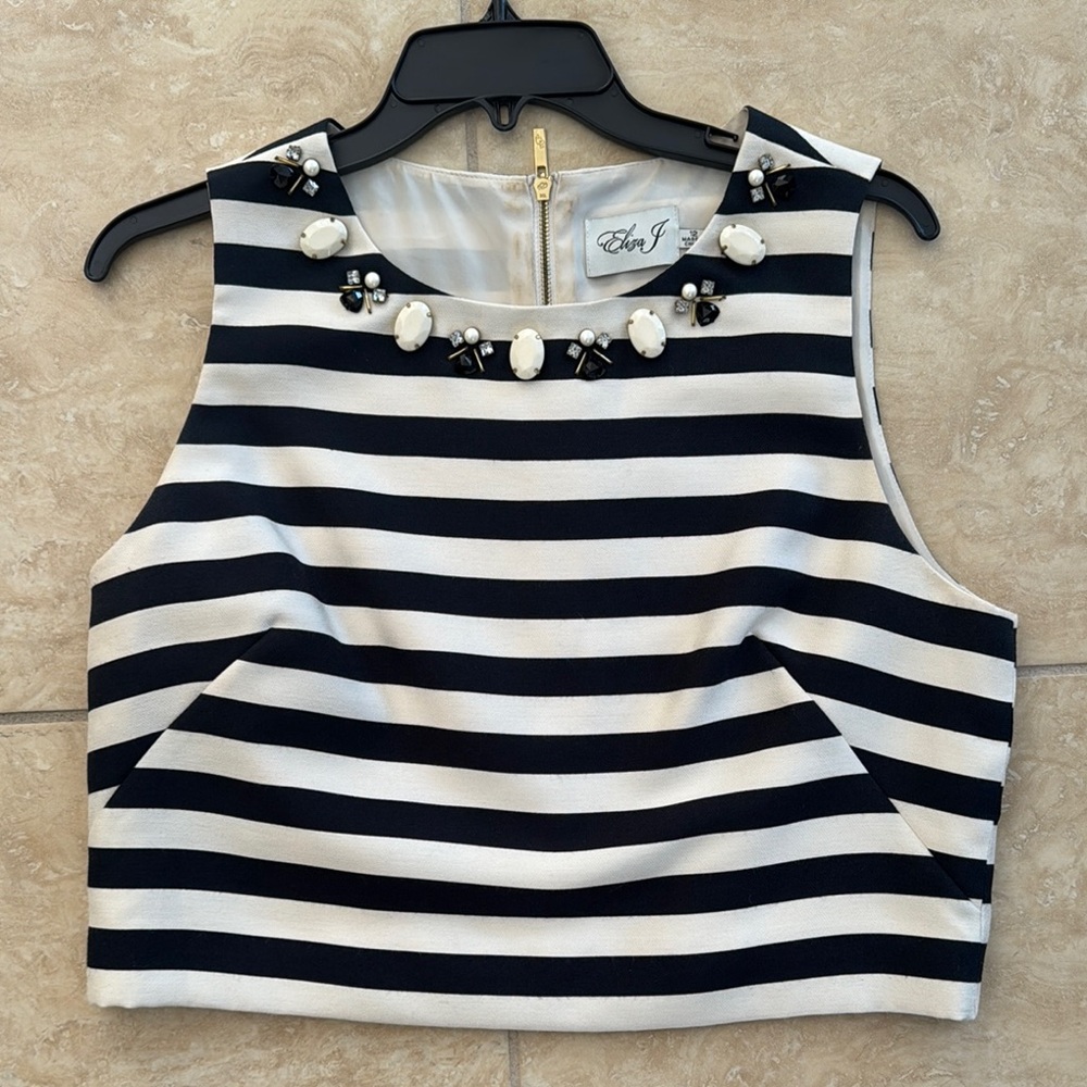 Eliza J Black and White Crop Tank Top with Embellished Neckline